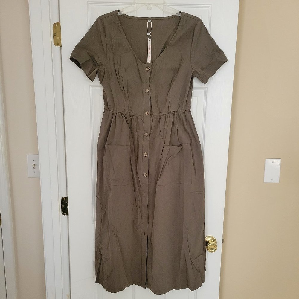 NWT Army Green Button-Down Midi Dress Size 12